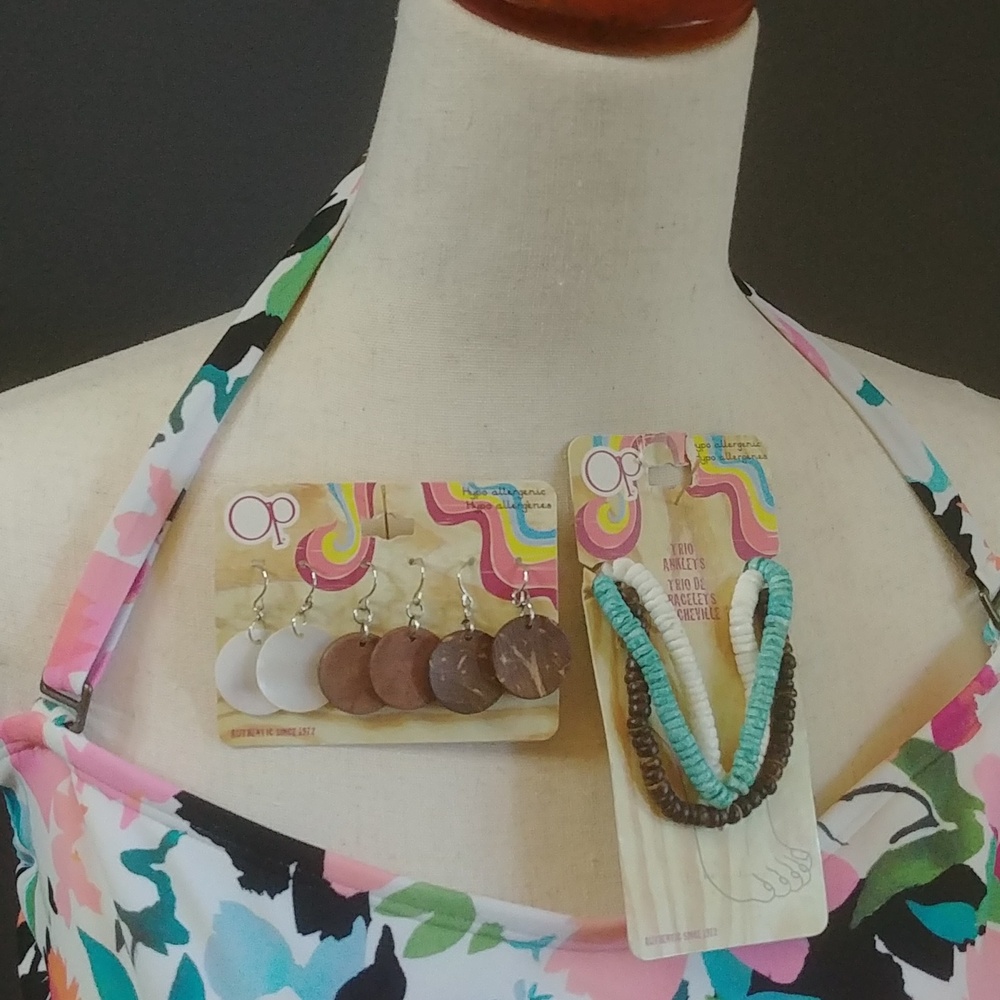NWT OP Wood Earrings and Trio of Anklets Set